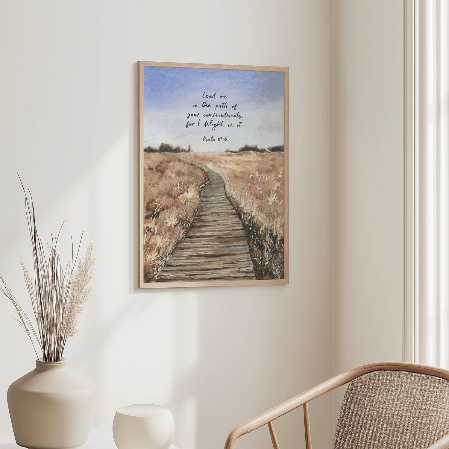 Gentle watercolour scene of a wooden walkway with faith-themed verse for Christian wall decor.