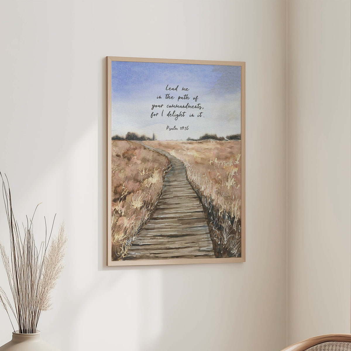 Gentle watercolour scene of a wooden walkway with faith-themed verse for Christian wall decor.
