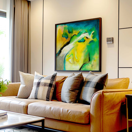 Contemporary art in yellow, blue, and green.