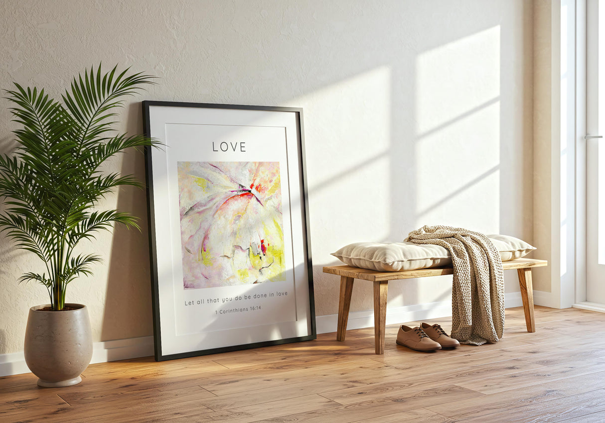 1 Corinthians 16:14 – love themed Bible verse art in soft abstract colours.