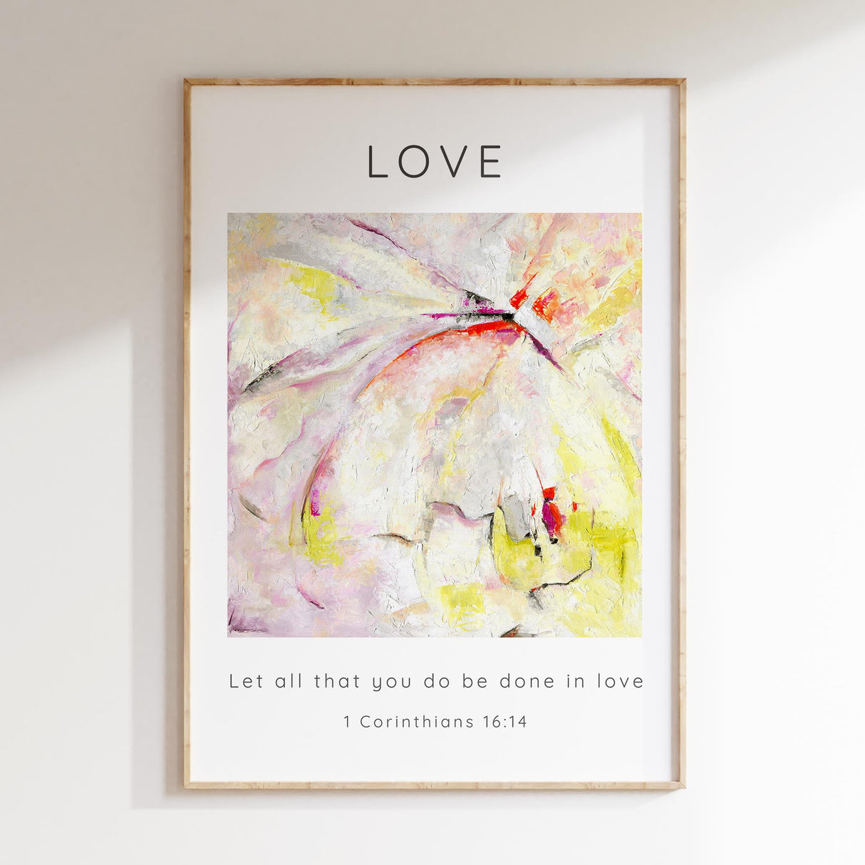 1 Corinthians 16:14 – pastel Christian print with uplifting scripture verse.