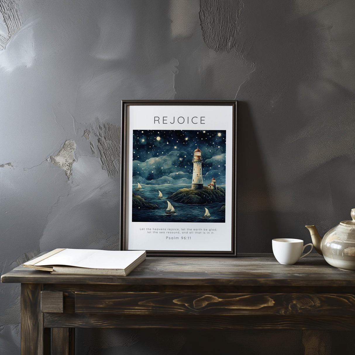 Faith-based ocean artwork featuring boats on water and a radiant lighthouse, captioned with Psalm 96:11. Christian coastal decor print with a Scripture verse and maritime scene symbolising joy in nature.