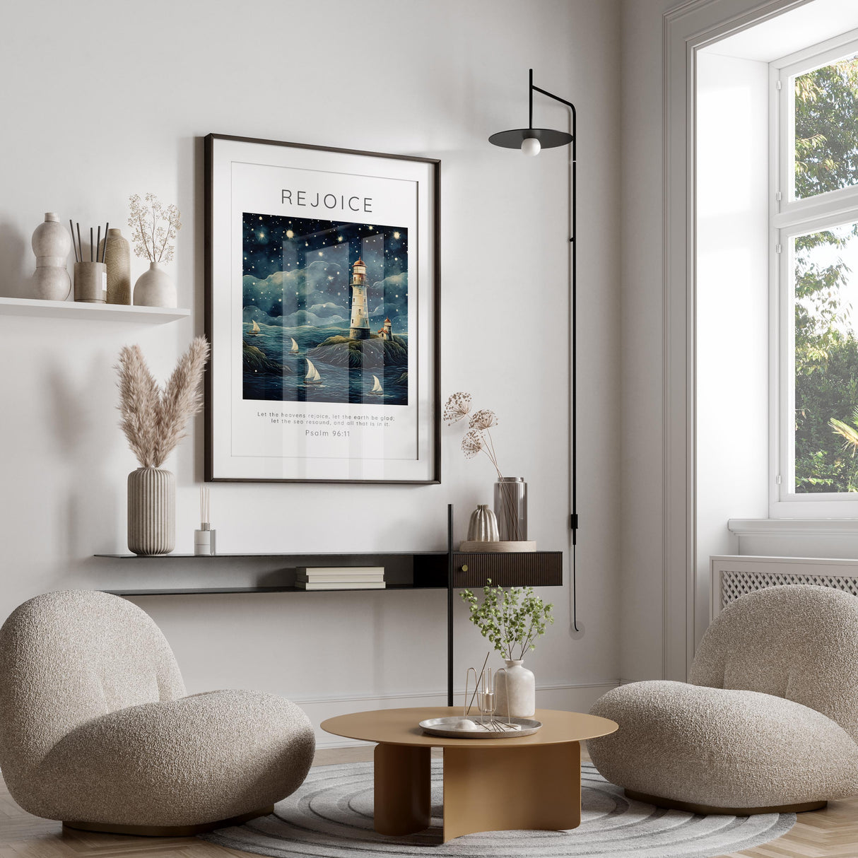 Lighthouse-themed Christian wall artwork, Nautical decor inspired by Psalm 96:11, Serene seascape with Psalm 96:11