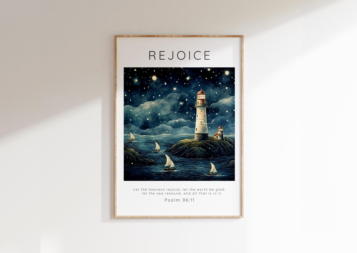 Let the Heavens Rejoice Lighthouse Scripture Print, Psalm 96 Poster, Tranquil ocean scene with Psalm 96, Christian wall art