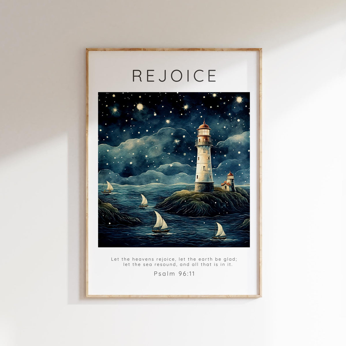 Let the Heavens Rejoice Lighthouse Scripture Print, Psalm 96 Poster, Tranquil ocean scene with Psalm 96, Christian wall art