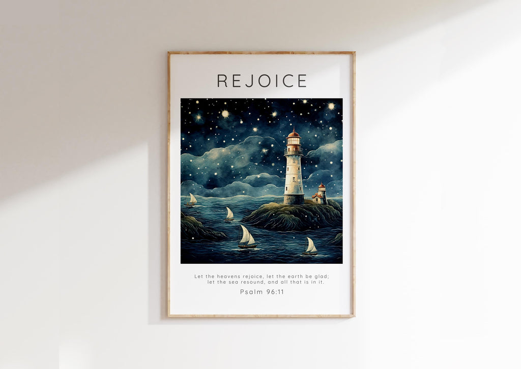  Let the Heavens Rejoice Lighthouse Scripture Print, Psalm 96 Poster, Tranquil ocean scene with Psalm 96, Christian wall art
