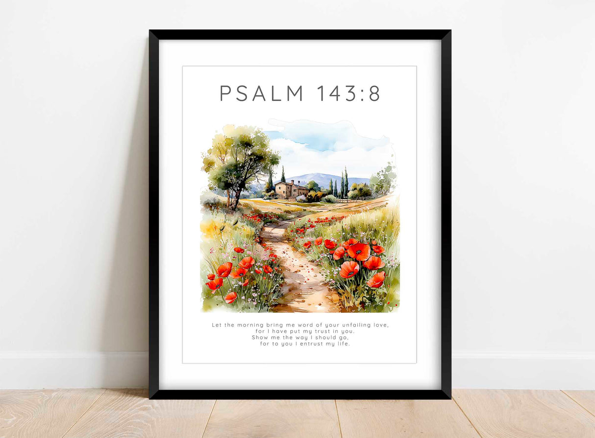 Psalm 143:8 inspirational wall art print home decor, Green and red Bible verse print with meadow scene