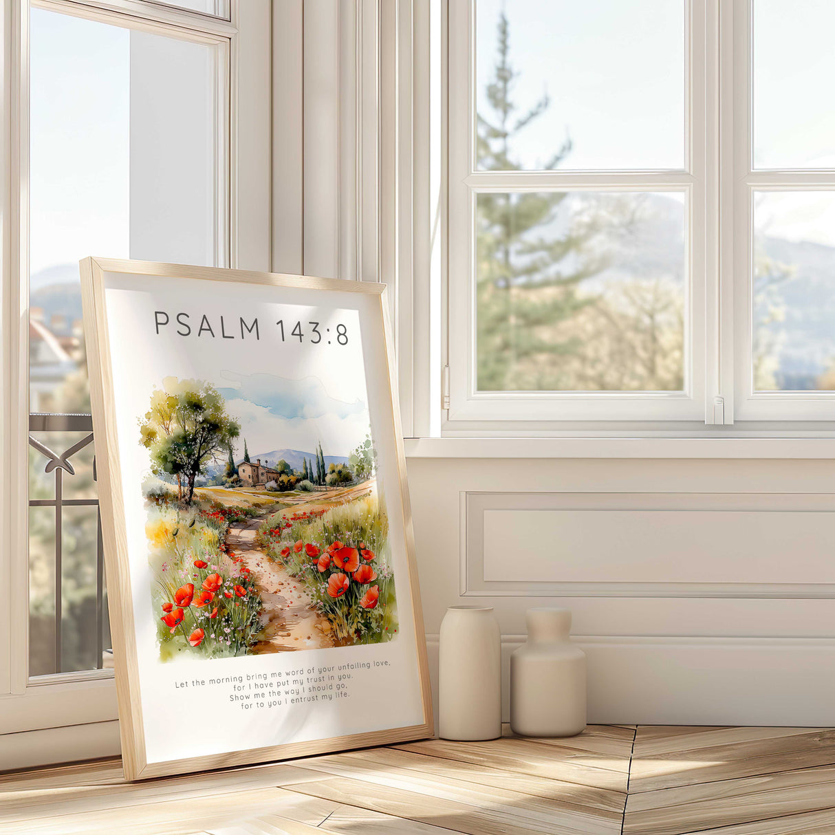 Tranquil Christian wall art with a soft landscape illustration and the verse “Let the morning bring me word of your unfailing love.”