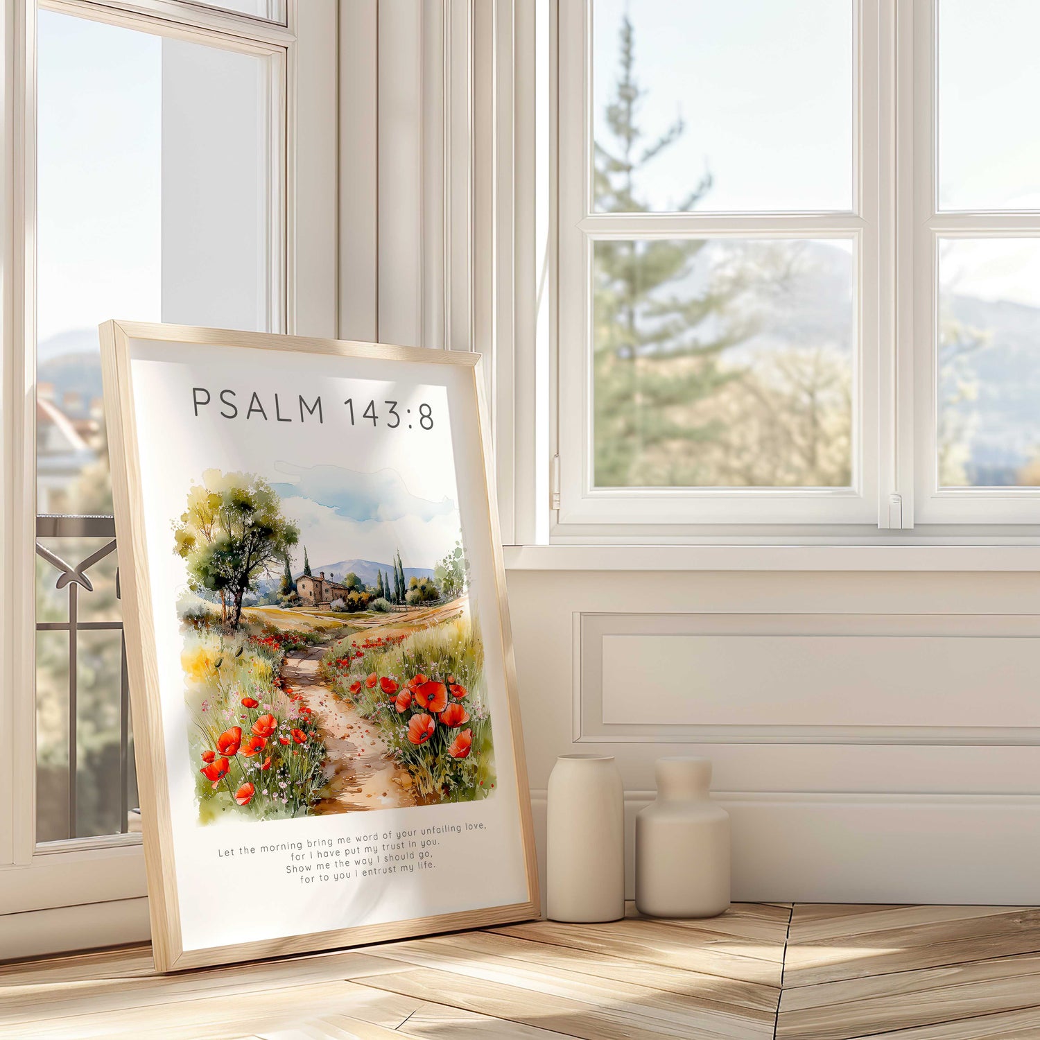 Tranquil Christian wall art with a soft landscape illustration and the verse “Let the morning bring me word of your unfailing love.”