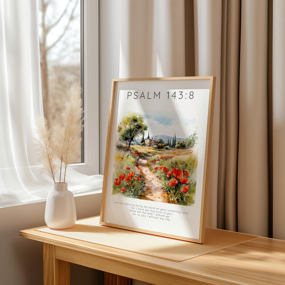 Faith-inspired print showing a countryside setting and a comforting Scripture about trust and guidance from Psalm 143.