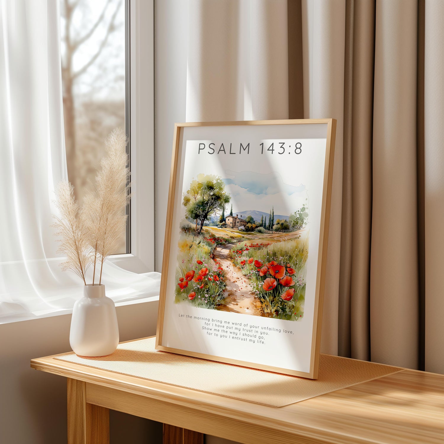 Faith-inspired print showing a countryside setting and a comforting Scripture about trust and guidance from Psalm 143.