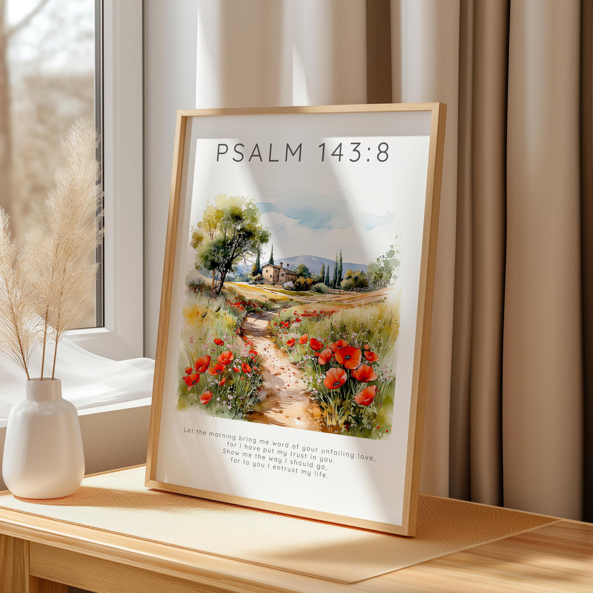 Faith-inspired print showing a countryside setting and a comforting Scripture about trust and guidance from Psalm 143.