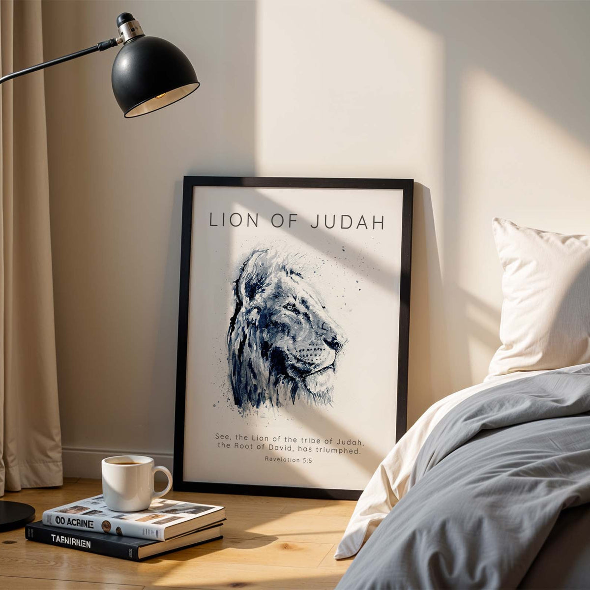 Majestic Christian wall art featuring a lion symbolising the Lion of Judah, with bold scripture from Revelation 5:5 beneath in elegant typography.