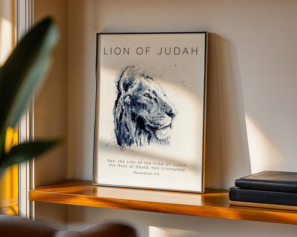 Faith-inspired lion portrait in vibrant watercolour style, representing strength and triumph with the verse from Revelation 5:5 displayed below.