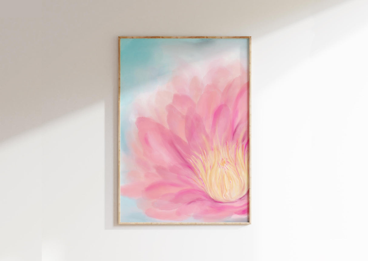 Pink lotus flower with yellow centre on a vibrant blue background, hand-painted in a serene style.