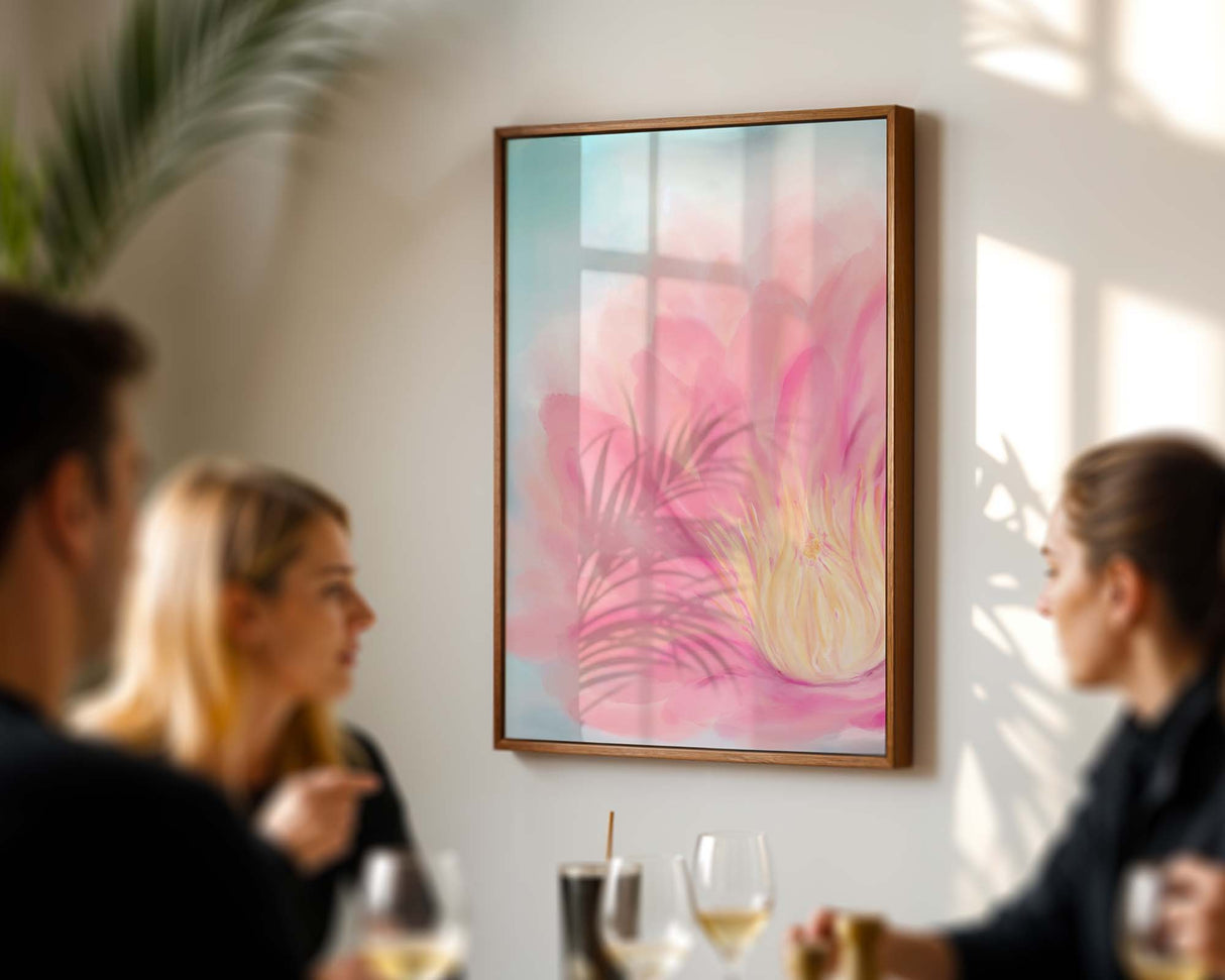 lotus painting showing pink petals and a sunny yellow centre against a rich blue backdrop.