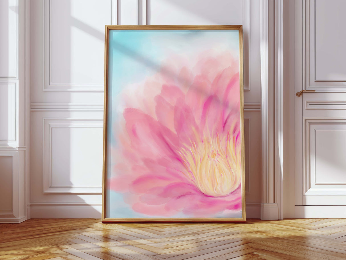 Lotus flower wall art featuring pink and yellow flower details with a calming blue backdrop.
