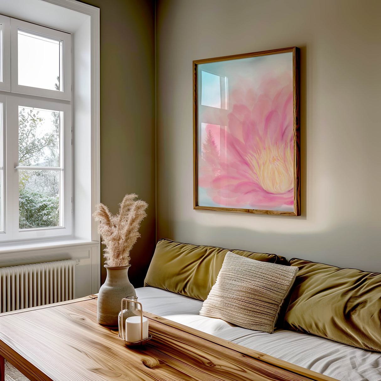 Hand-painted lotus flower print in shades of pink and yellow on a deep blue background.