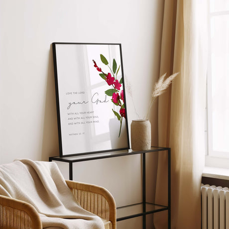 Love The Lord Your God print with burgundy orchid artwork, ideal for adding faith and beauty to your home.