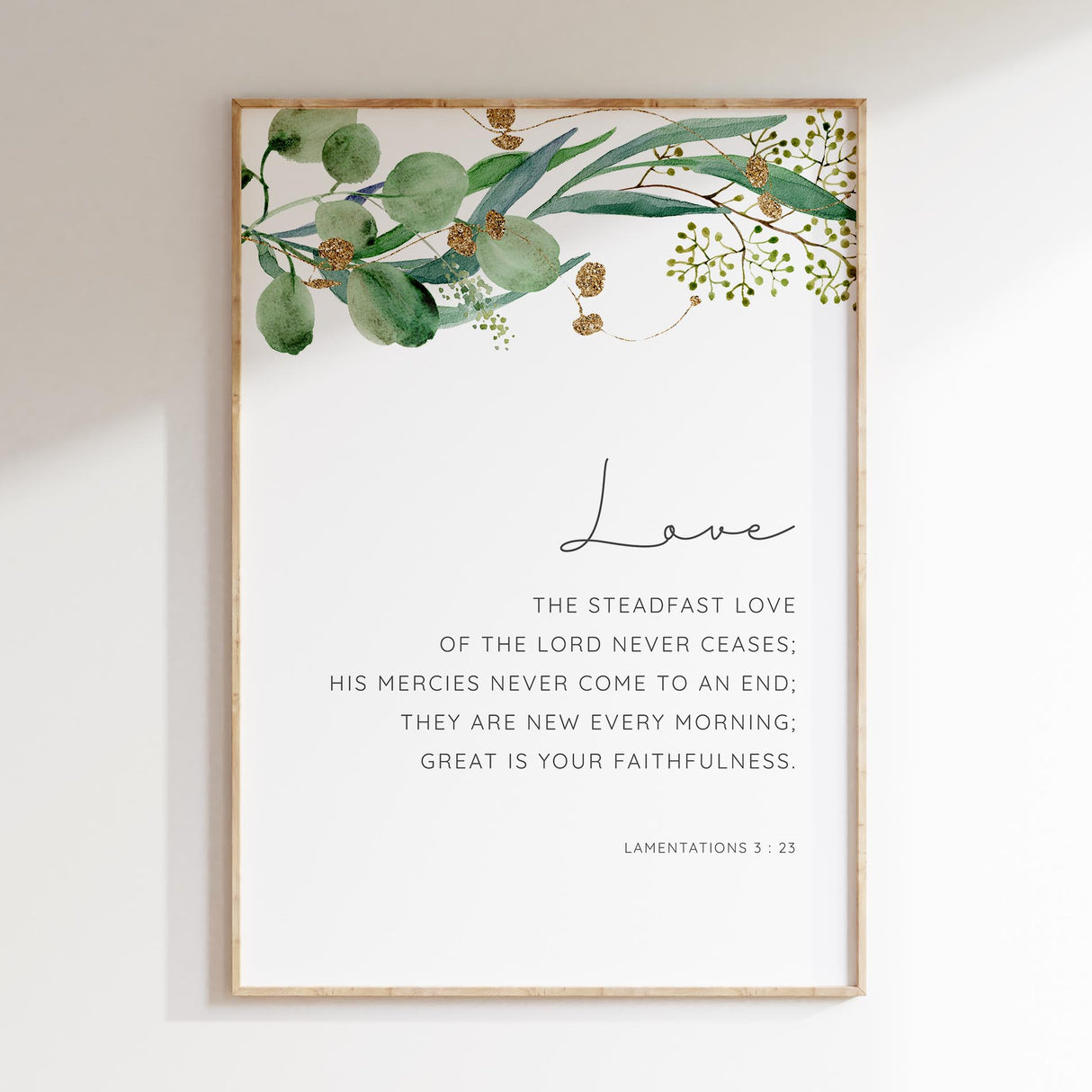 Watercolour-style botanical artwork with scripture from Lamentations 3:23 in a peaceful, modern Christian design