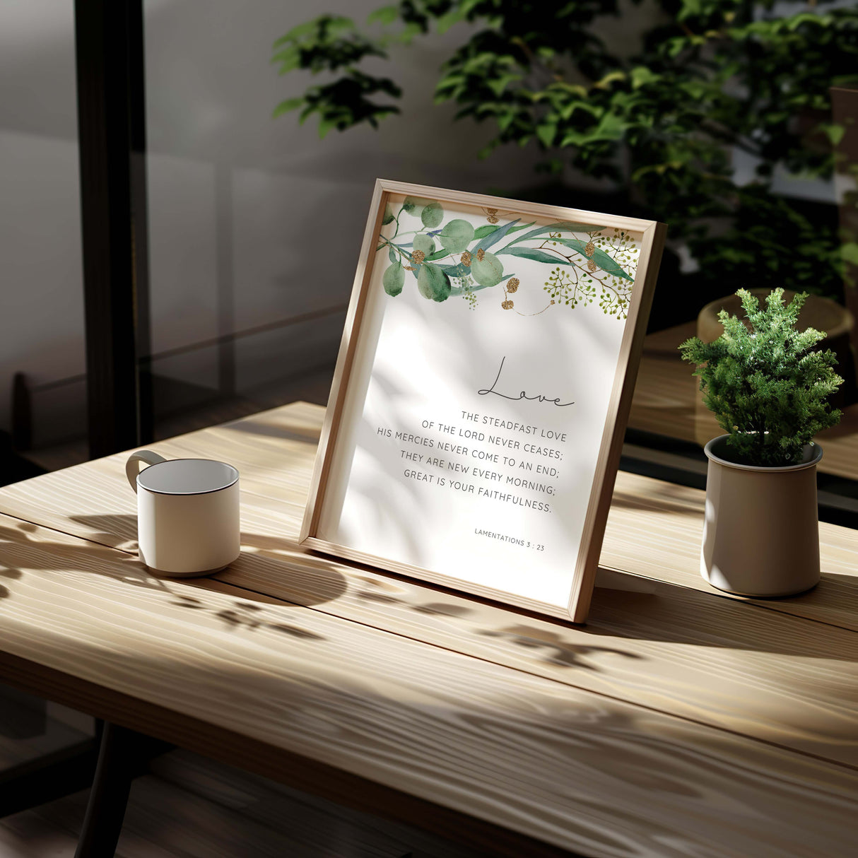 Elegant floral Bible verse print with hand-lettered quote “His mercies are new every morning” in calming colours