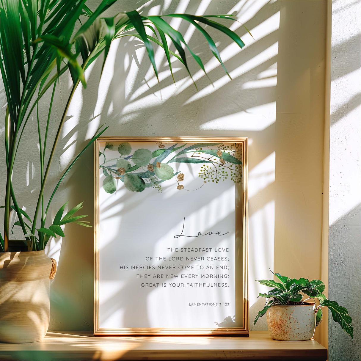 Soft floral wall art print with Lamentations 3:23 Bible verse: “His mercies are new every morning” in script