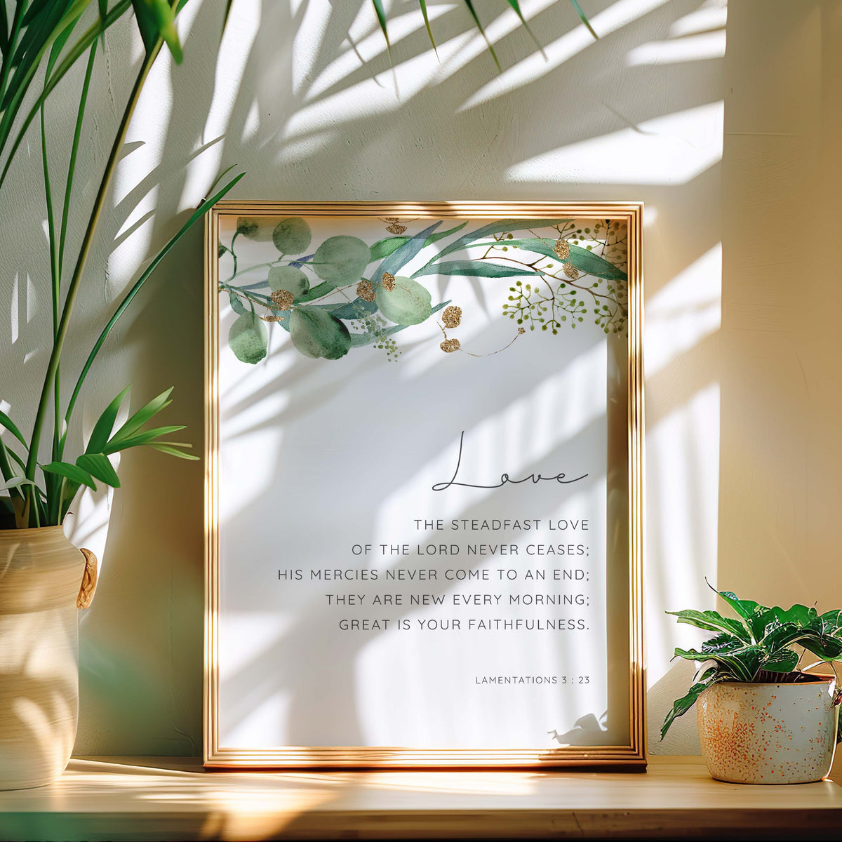 Soft floral wall art print with Lamentations 3:23 Bible verse: “His mercies are new every morning” in script
