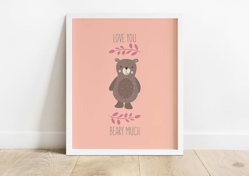 Enhance your baby's room with a peachy bear nursery print, a cute bear, and the endearing quote 'Love You Beary Much.