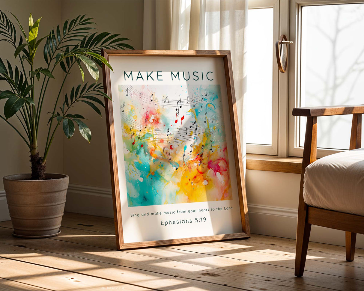 Modern Christian wall art featuring Ephesians 5:19 with the verse “Sing and make music from your heart to the Lord” and vibrant music-themed design.