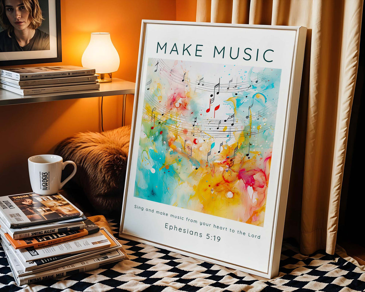 Faith-based artwork blending contemporary style and scripture, showcasing the joyful message of singing to the Lord from Ephesians 5:19.
