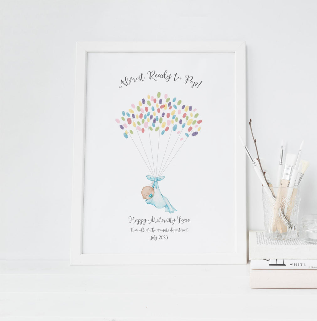 Customizable maternity leave gift with colleagues' fingerprints, Swaddled baby print with personalized message for coworker's maternity leave