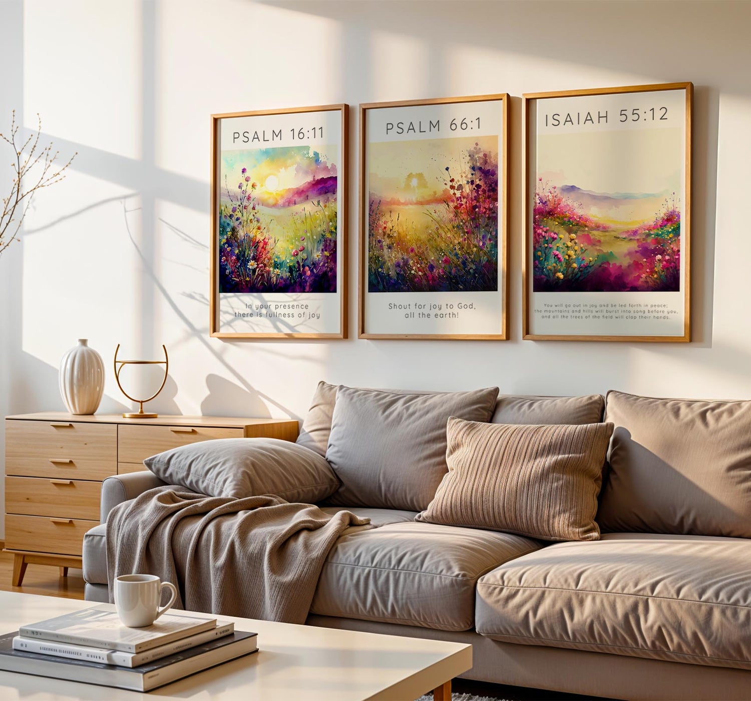 Psalm 16:11 print with soft meadow flowers and elegant lettering. Floral Bible verse wall art with “In your presence there is fullness of joy”