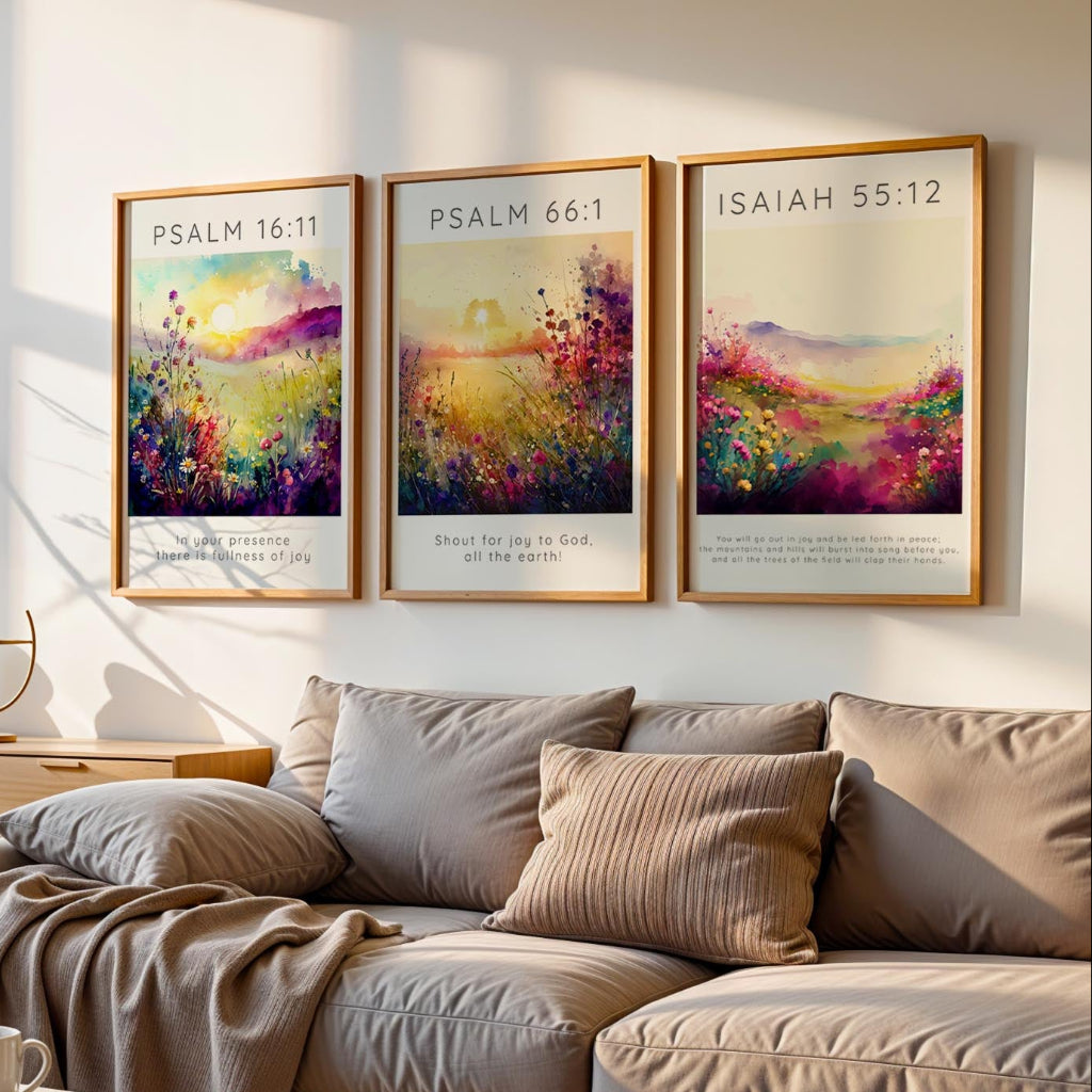 Psalm 16:11 print with soft meadow flowers and elegant lettering. Floral Bible verse wall art with “In your presence there is fullness of joy”