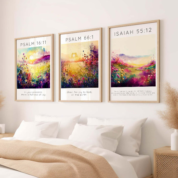 Isaiah 55:12 print with floral meadow and peaceful, inspiring verse. Joy-themed scripture wall art set with beautiful botanical design