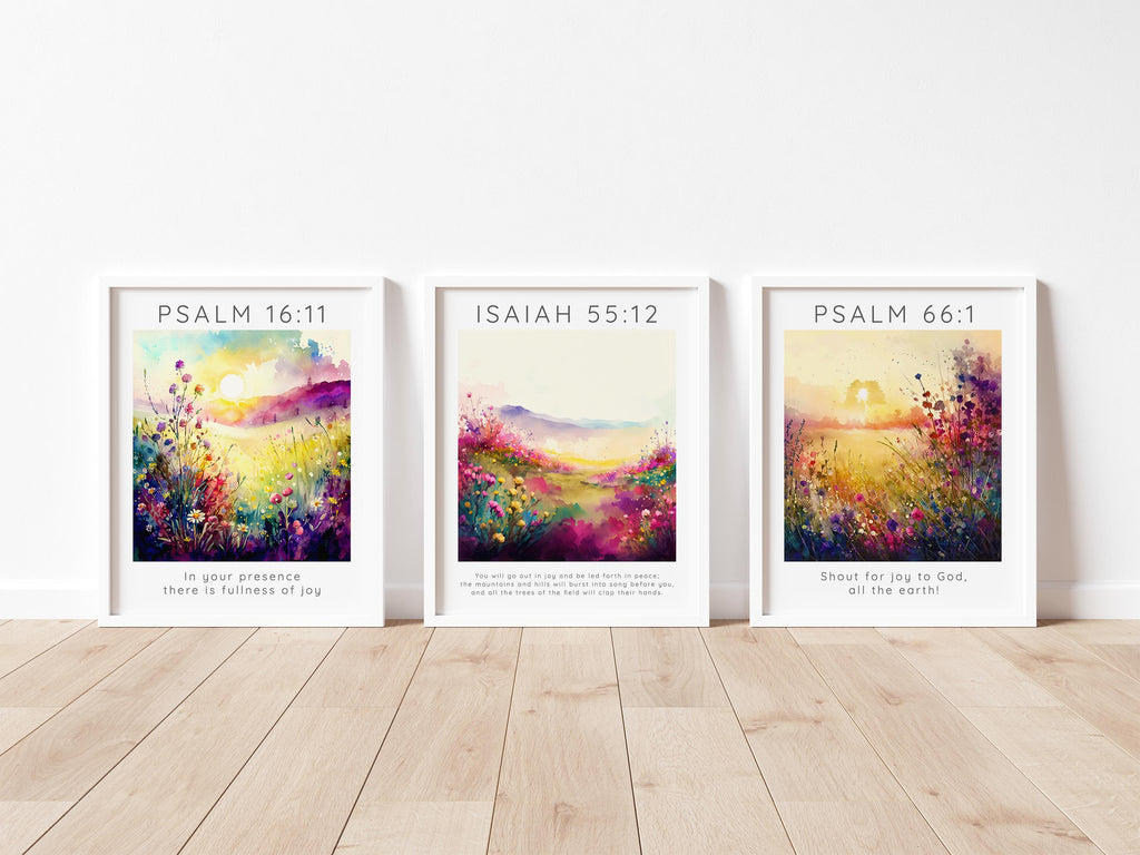 Joyful Psalm 66:1 artwork for living room display, Isaiah 55:12 verse on peace and joy in nature print