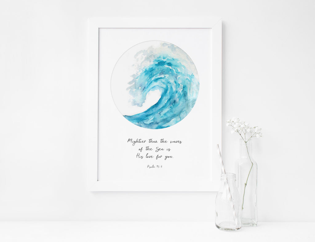 Turquoise Psalm 93:4 Bible Verse Print with Watercolour Wave, Inspirational Turquoise Wave Bible Verse Print, custom quote print