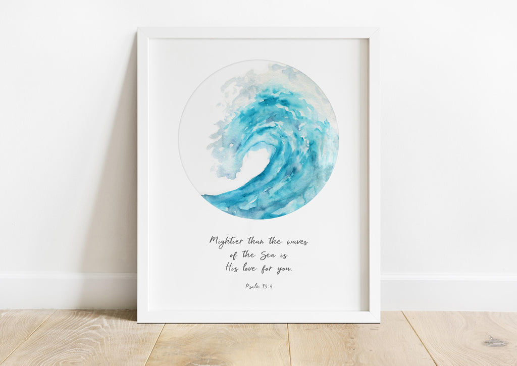 Turquoise Decor: Psalm 93:4 Bible Verse Print with Wave, Watercolour Wave Design: Turquoise Psalm 93:4 Print, personalised quote print