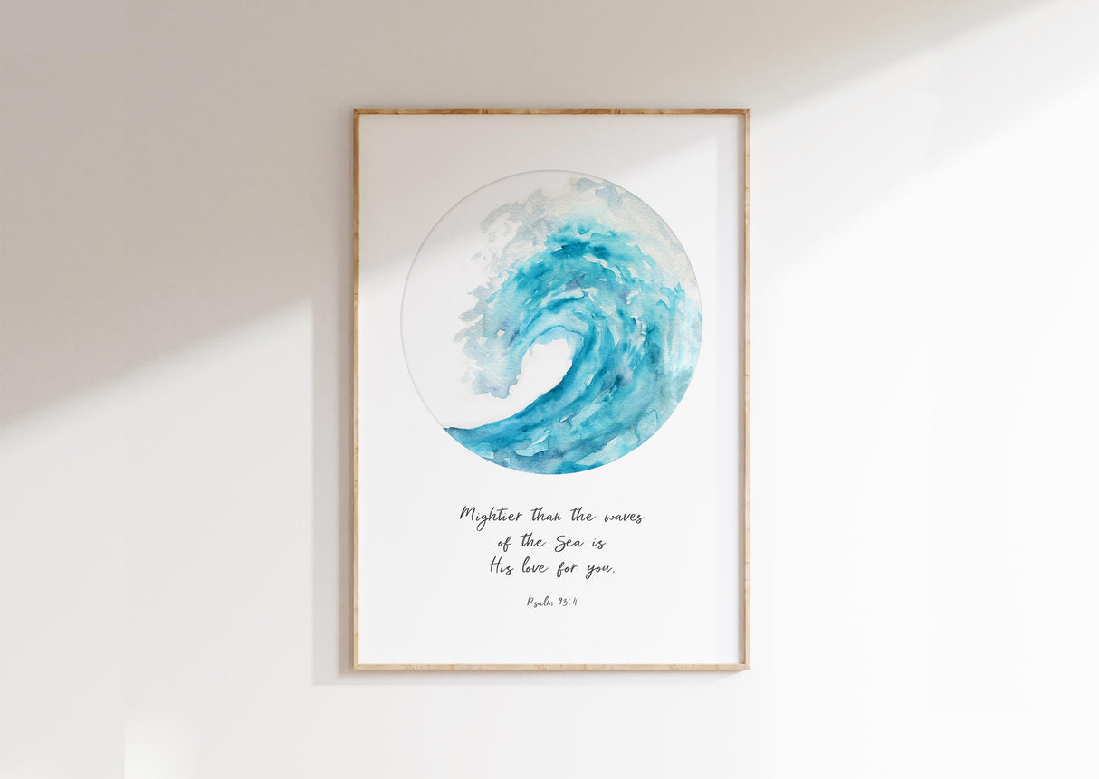 Turquoise watercolour waves with Psalm 93:4 Bible verse: “Mightier than the waves of the sea is His love for you.”