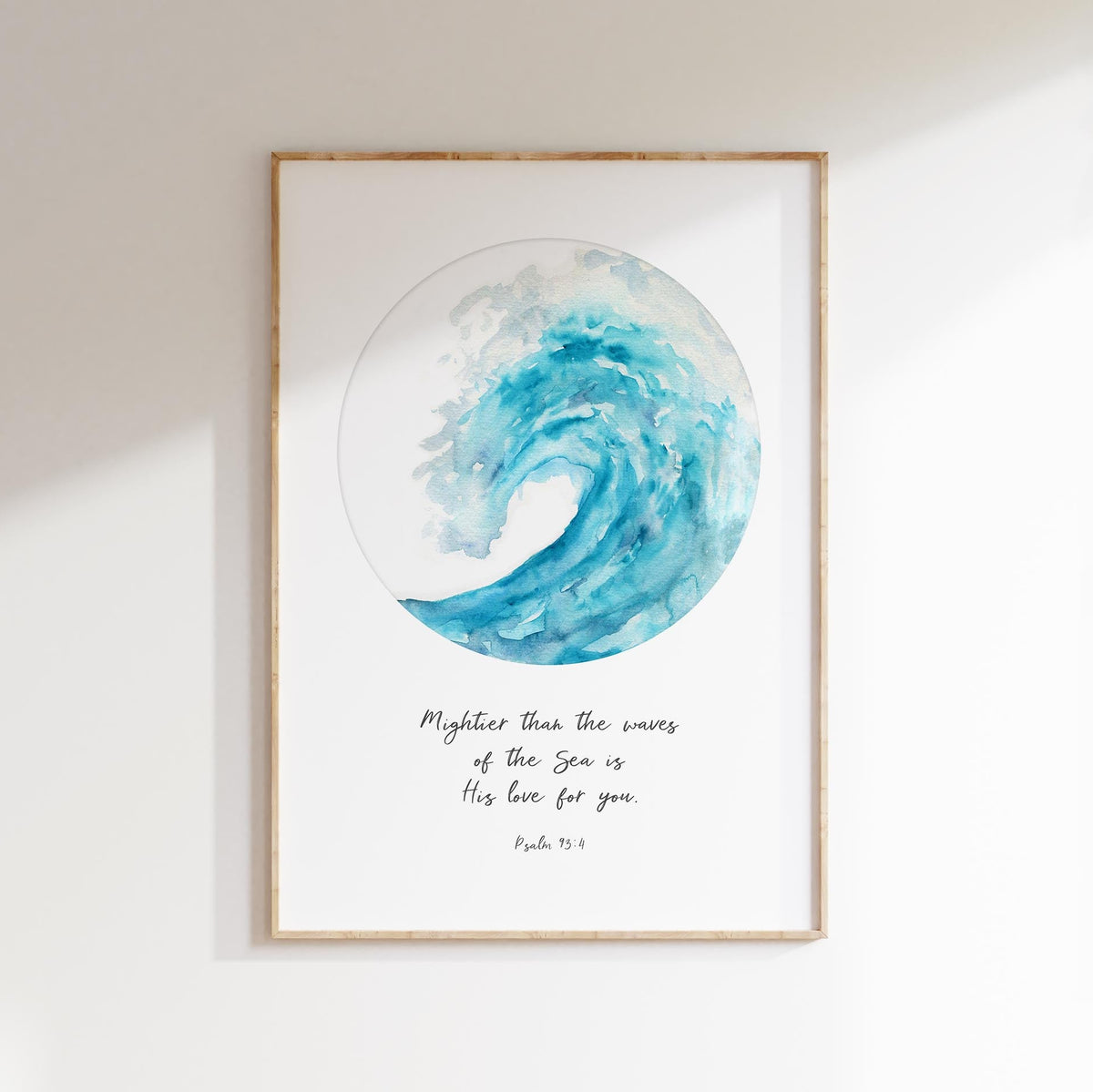 Turquoise watercolour waves with Psalm 93:4 Bible verse: “Mightier than the waves of the sea is His love for you.”
