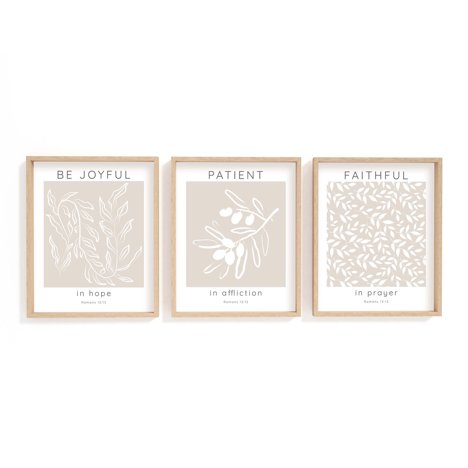 Three-piece botanical scripture print with Romans 12:12 verse to inspire faith and encouragement.