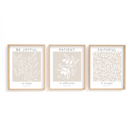 Three-piece botanical scripture print with Romans 12:12 verse to inspire faith and encouragement.