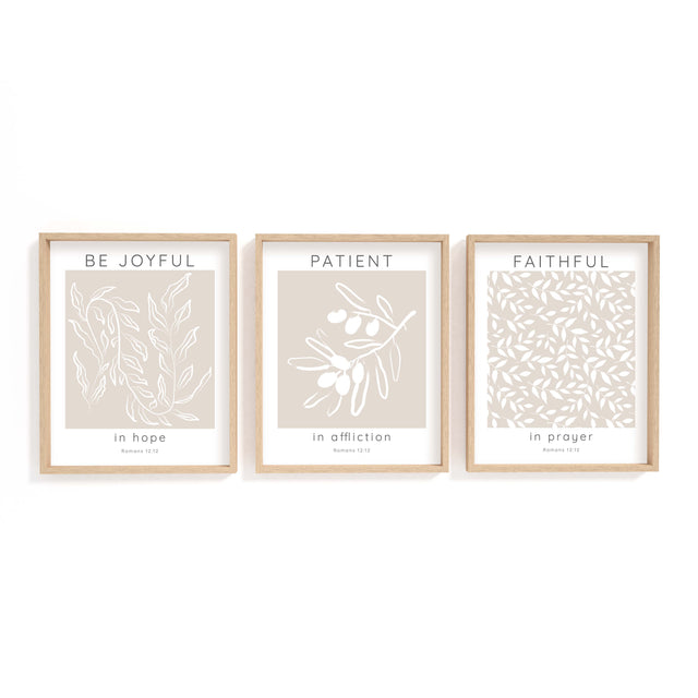 Three-piece botanical scripture print with Romans 12:12 verse to inspire faith and encouragement.