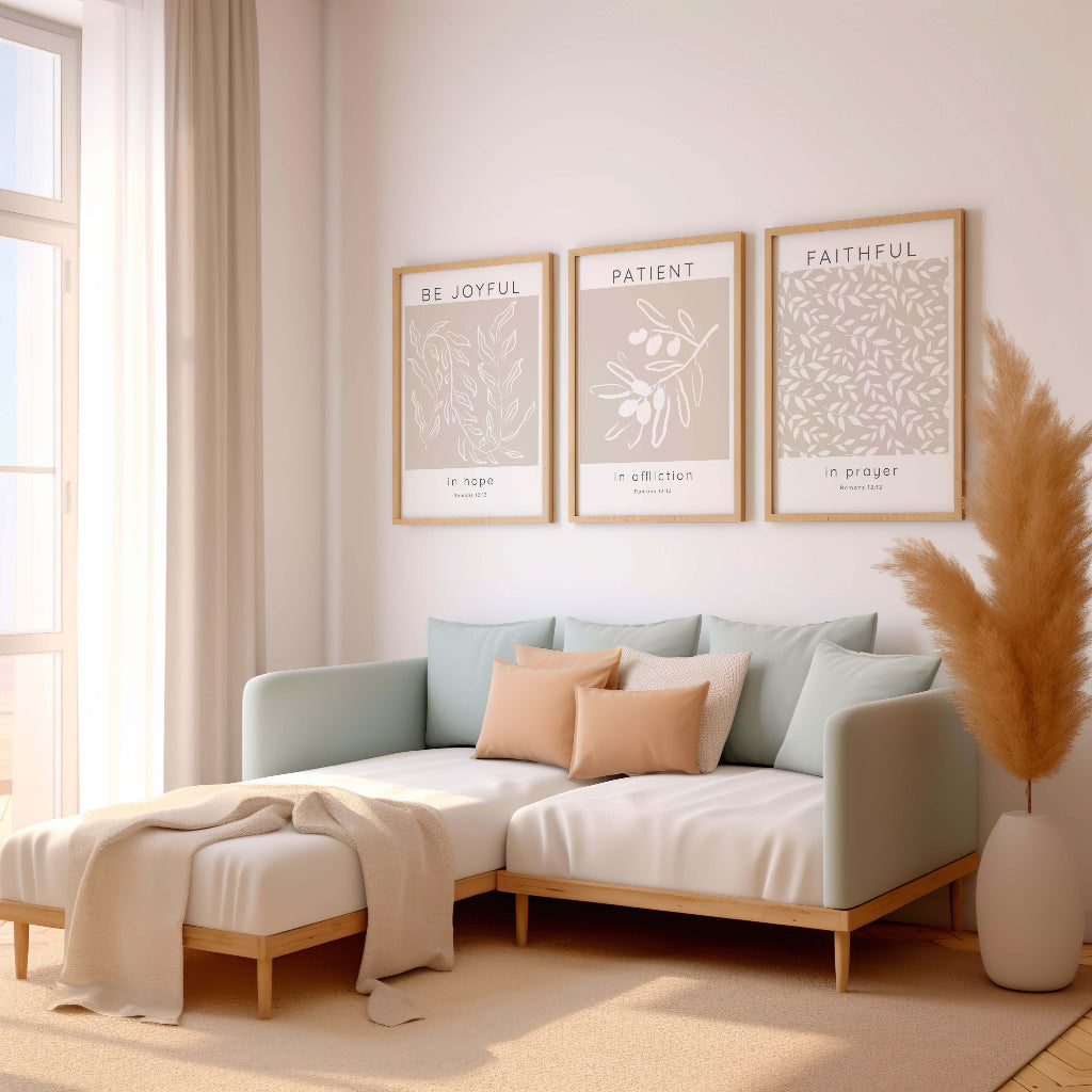 Neutral beige and white Romans 12:12 triptych with botanical leaves and faith-filled scripture quotes.
