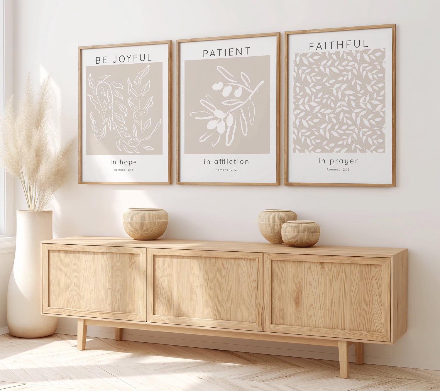 Christian wall art set with hopeful Bible verses about patience and prayer in calming neutral tones.