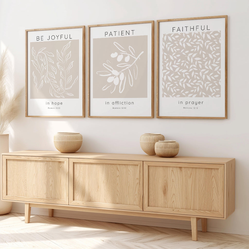 Christian wall art set with hopeful Bible verses about patience and prayer in calming neutral tones.