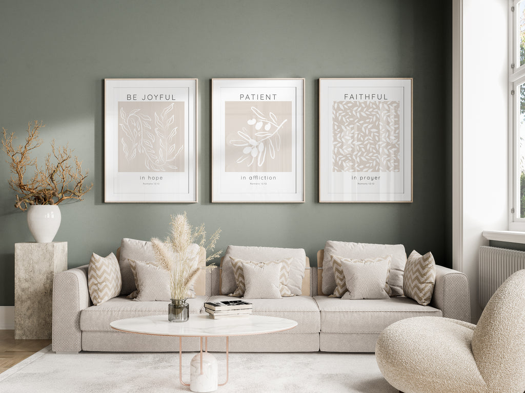 Three-Piece Beige and White Romans 12:12 Art Set, Biblical Inspirational Prints with Botanical Accents, Modern Scripture Three-Panel Prints