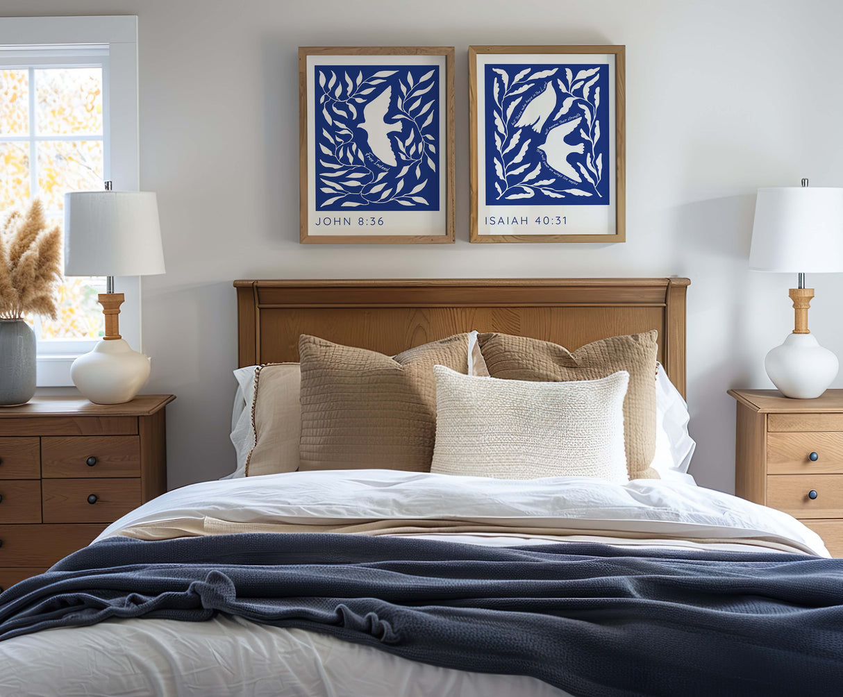 A minimalist two-print set featuring elegant blue and white designs with Bible verses from Isaiah 40:31 and John 8:36.