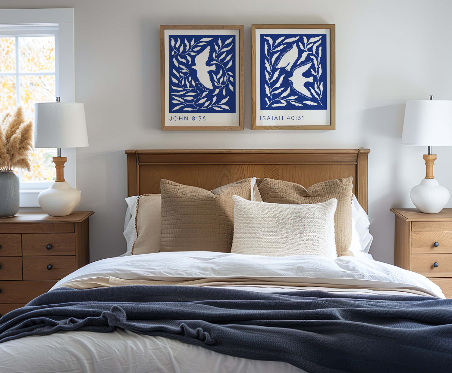 A minimalist two-print set featuring elegant blue and white designs with Bible verses from Isaiah 40:31 and John 8:36.