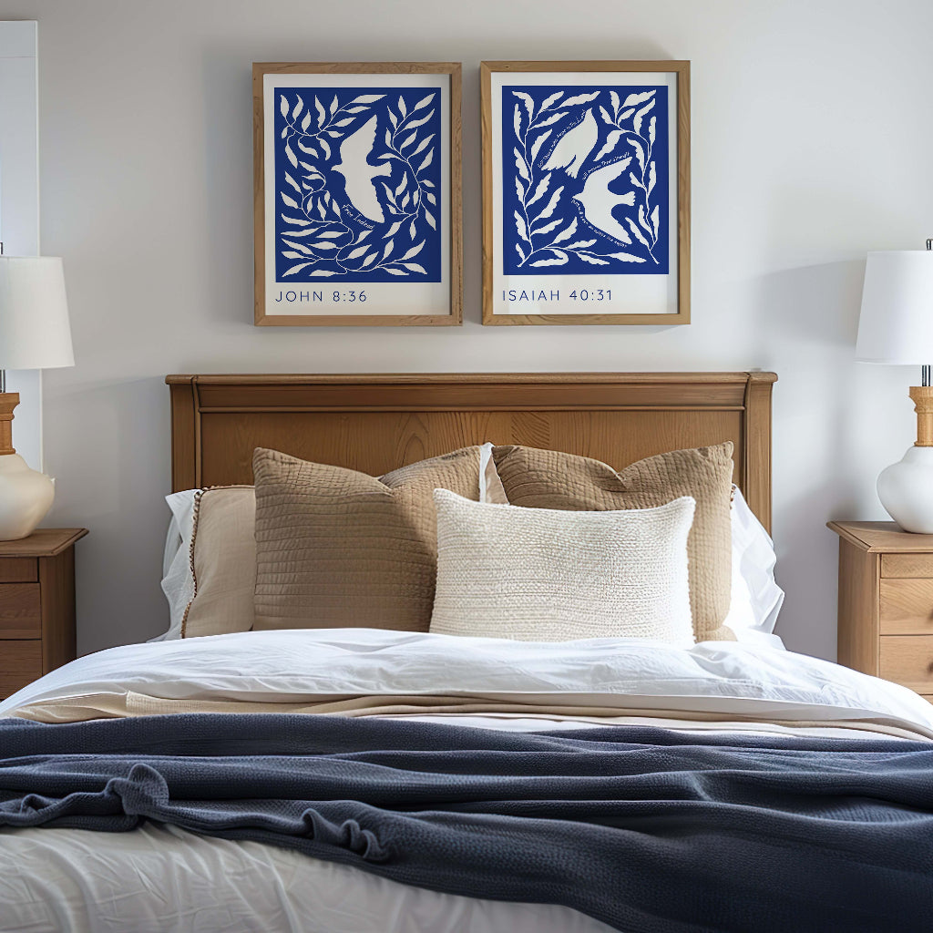 A minimalist two-print set featuring elegant blue and white designs with Bible verses from Isaiah 40:31 and John 8:36.