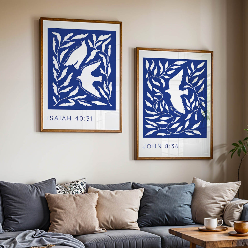 Modern Scripture wall art set with soaring bird illustrations and uplifting verses: “They will soar on wings like eagles” and “Free Indeed.”